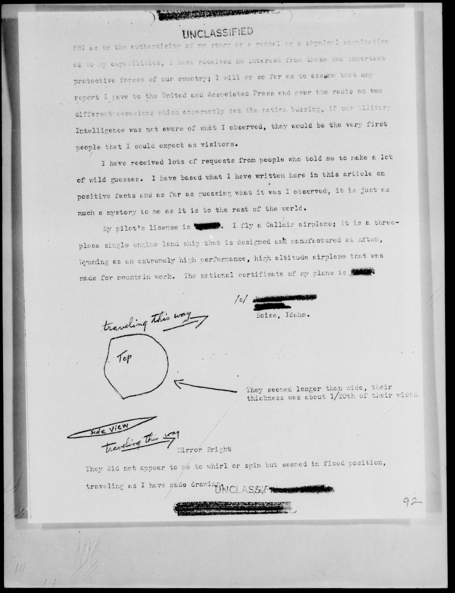 Pagina del resoconto di Kenneth Arnold con disegni